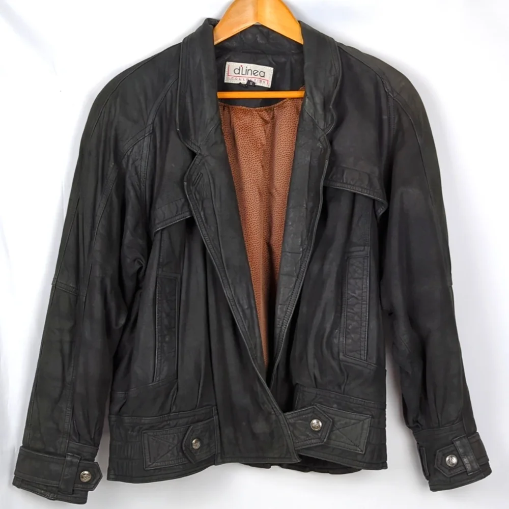 Women's D' Linea Genuine Black Leather Oversized Moto Bomber Jacket - Picture 1 of 5